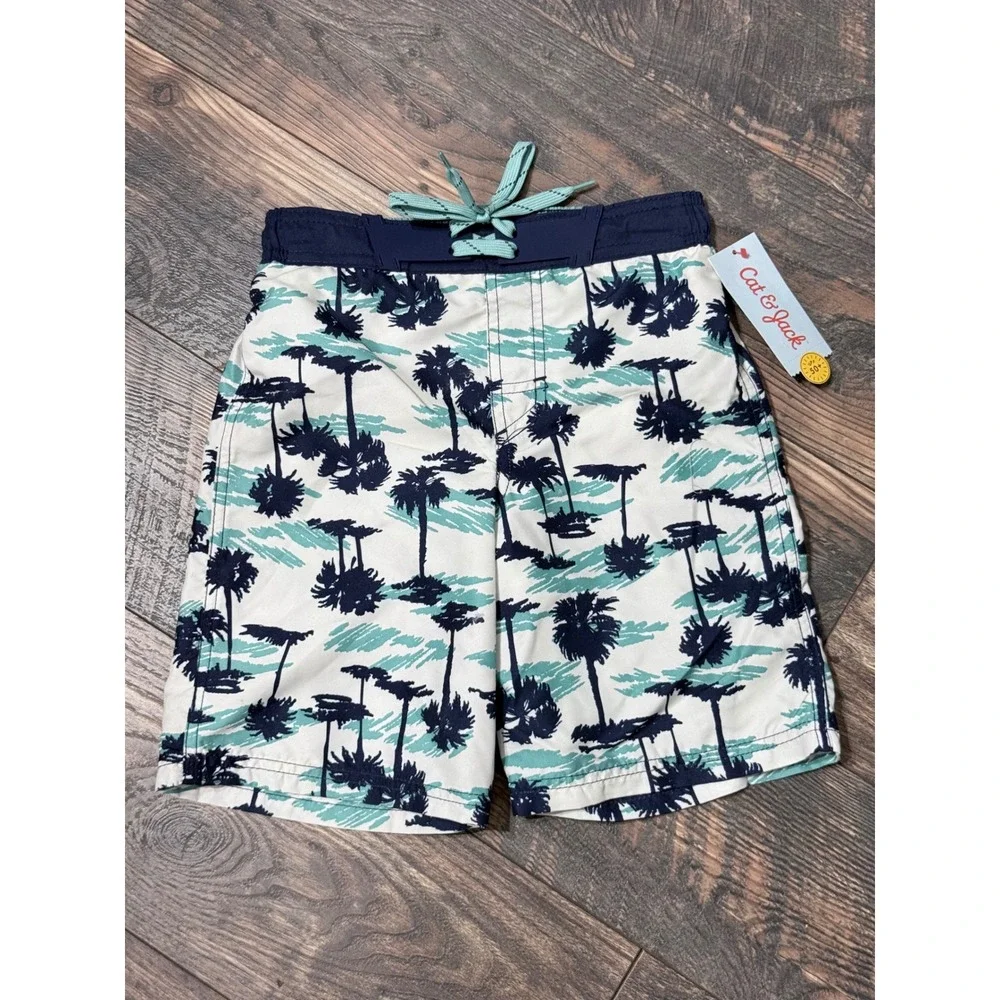 Cat & Jack Boys Swim Trunks Palm Tree Tropical Board Shorts Navy Teal Size S 6/7